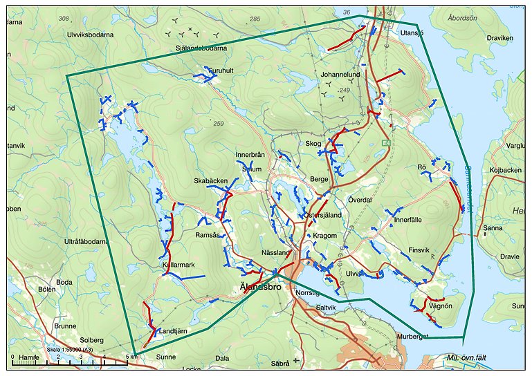 Karta med aktuellt område markerat med grönt streck