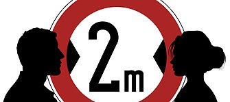 Siluetten av en man och en kvinna står vända mot varandra. Mellan dem står det 2 m i en röd cirkel, vilket symboliserar vikten av att hålla avståndet till varandra.